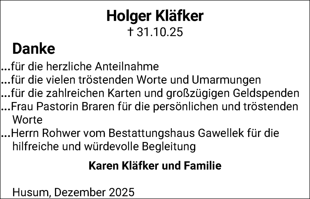  Traueranzeige für Holger Kläfker vom 13.12.2025 aus Husumer Nachrichten, Nordfriesland Tageblatt