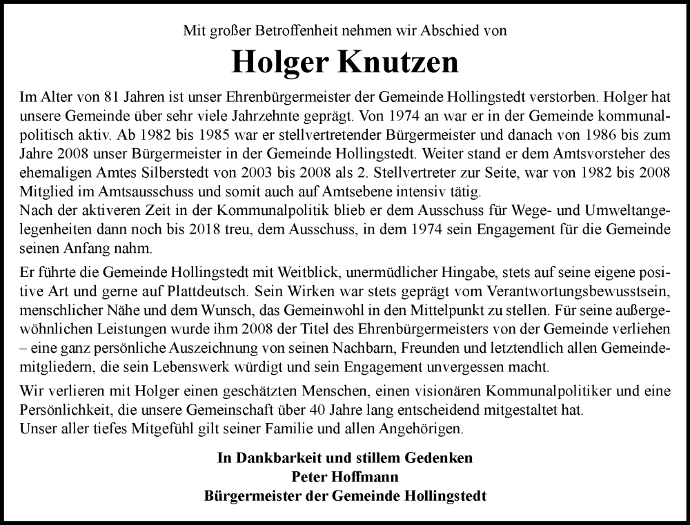  Traueranzeige für Holger Knutzen vom 13.12.2025 aus Schleswiger Nachrichten, Schlei-Bote