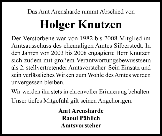 Traueranzeige von Holger Knutzen von Schleswiger Nachrichten, Schlei-Bote