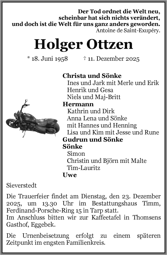 Traueranzeige von Holger Ottzen von Flensburger Tageblatt, Schleswiger Nachrichten, Schlei-Bote