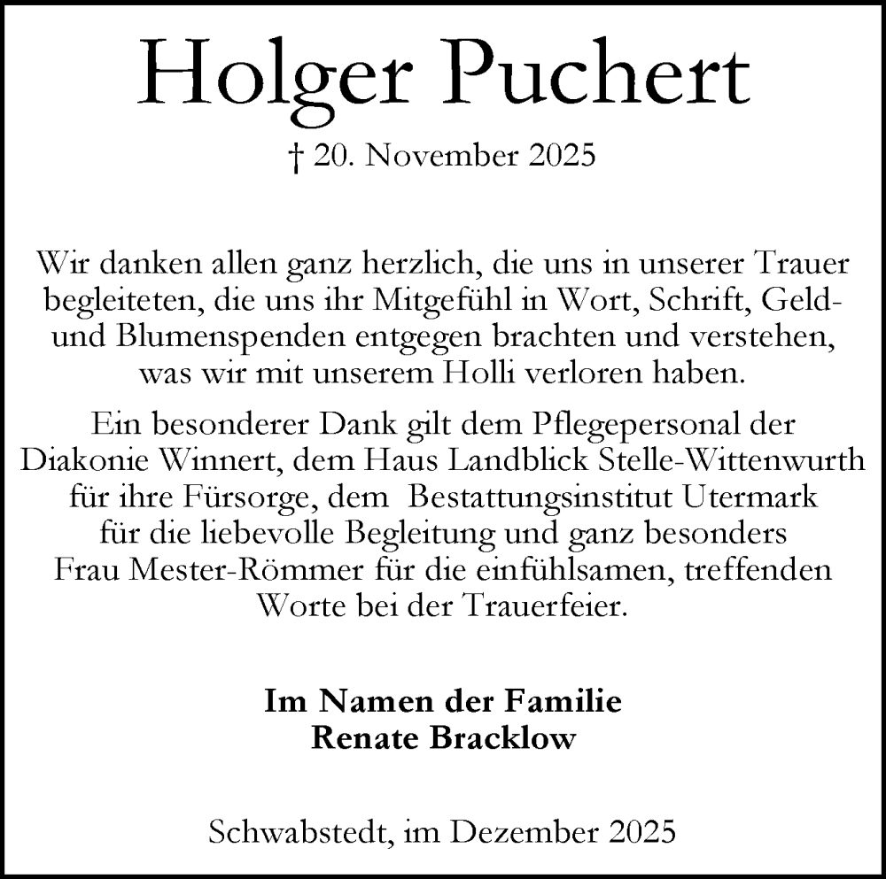  Traueranzeige für Holger Puchert vom 23.12.2025 aus Husumer Nachrichten, Nordfriesland Tageblatt