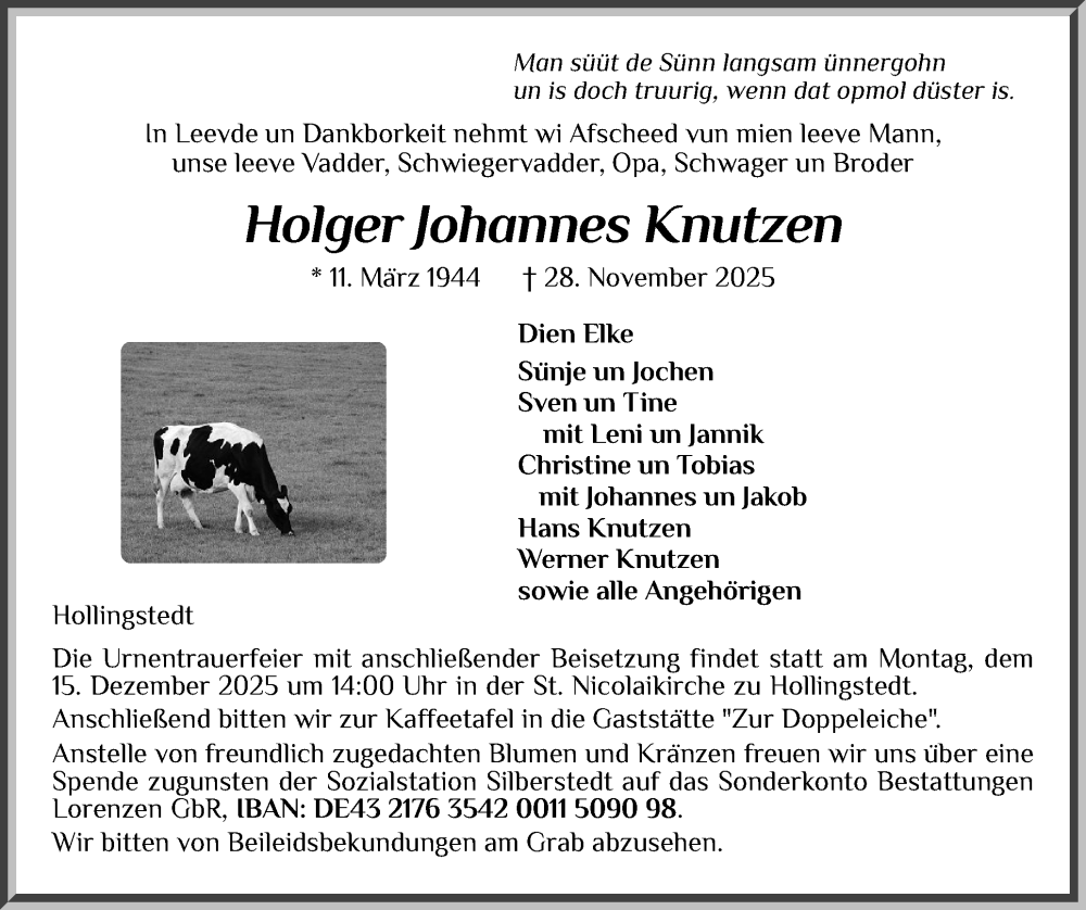 Traueranzeige für Holger Johannes Knutzen vom 06.12.2025 aus Region Flensburg