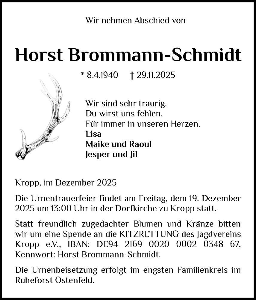  Traueranzeige für Horst Brommann-Schmidt vom 13.12.2025 aus Schleswig-Holsteinische Landeszeitung