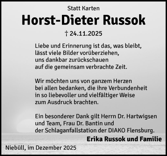 Traueranzeige von Horst-Dieter Russok von Husumer Nachrichten, Nordfriesland Tageblatt