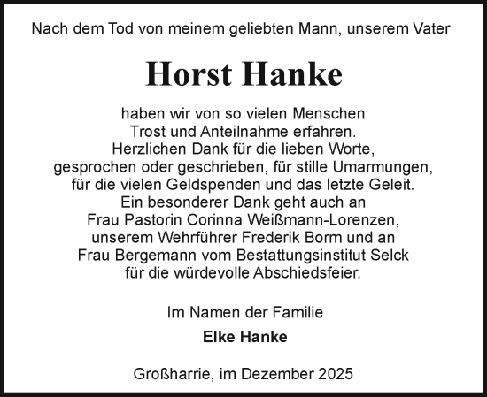 Traueranzeige von Horst Hanke von Holsteinischer Courier
