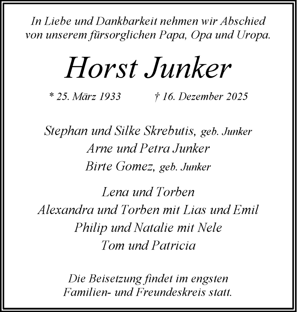 Traueranzeige für Horst Junker vom 27.12.2025 aus Region Pinneberg und tip Pinneberg