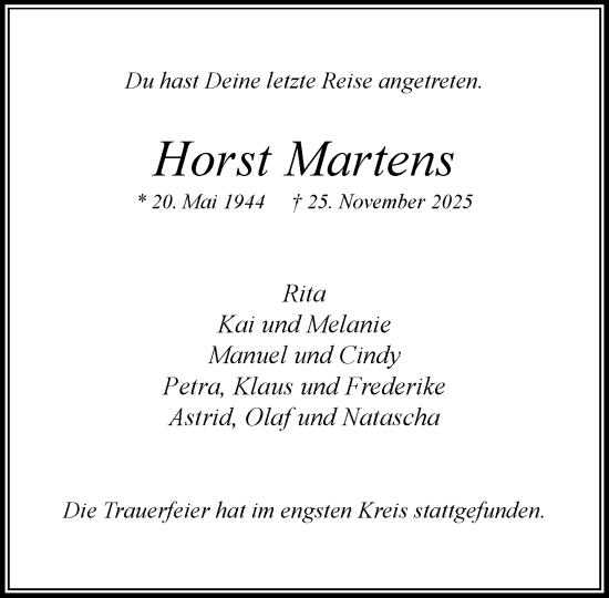 Traueranzeige von Horst Martens von MARKT Bad Oldesloe/Reinfeld, MARKT Ahrensburg/Bargteheide/Trittau und Stormarner Tageblatt