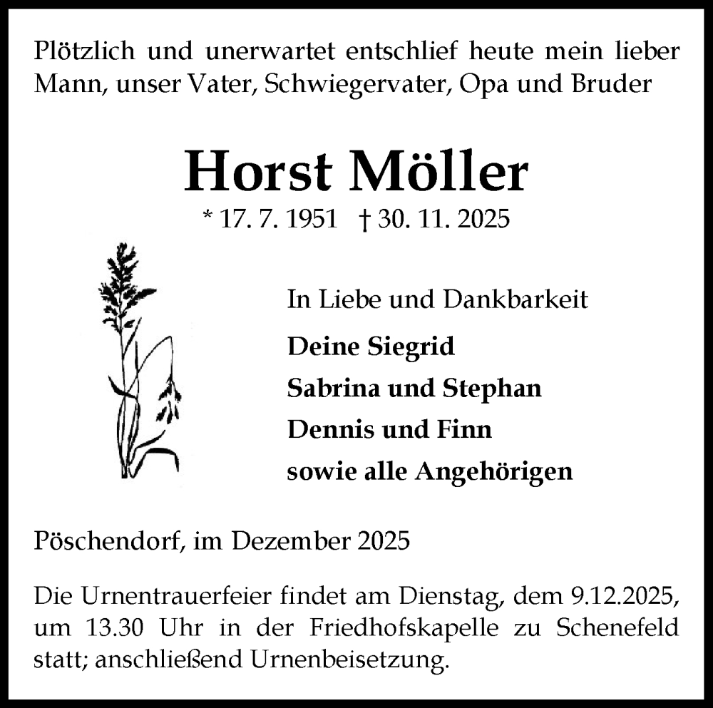  Traueranzeige für Horst Möller vom 06.12.2025 aus Norddeutsche Rundschau, Wilstersche Zeitung, Glückstädter Fortuna