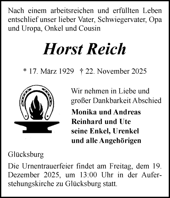 Traueranzeige von Horst Reich von Flensburger Tageblatt