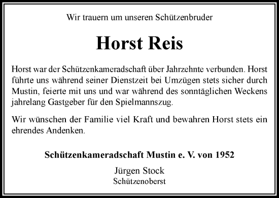 Traueranzeige von Horst Reis von MARKT Ratzeburg/Mölln