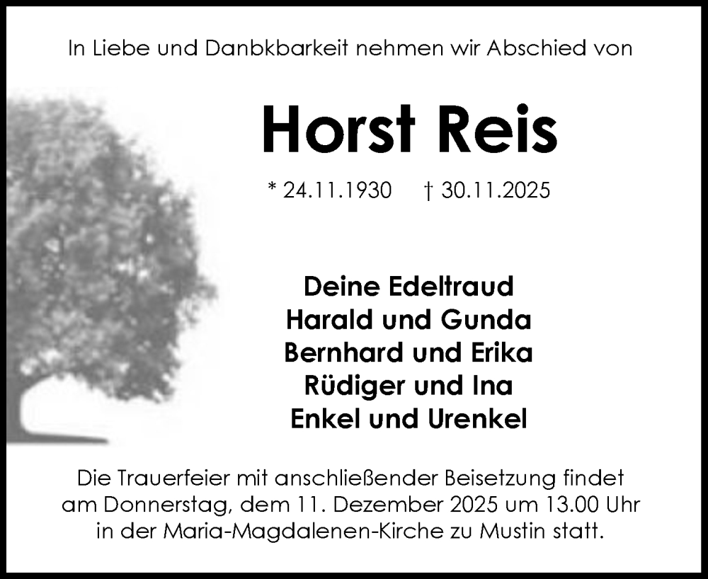  Traueranzeige für Horst Reis vom 06.12.2025 aus MARKT Ratzeburg/Mölln