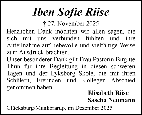 Traueranzeige von Iben Sofie Riise von Flensburger Tageblatt