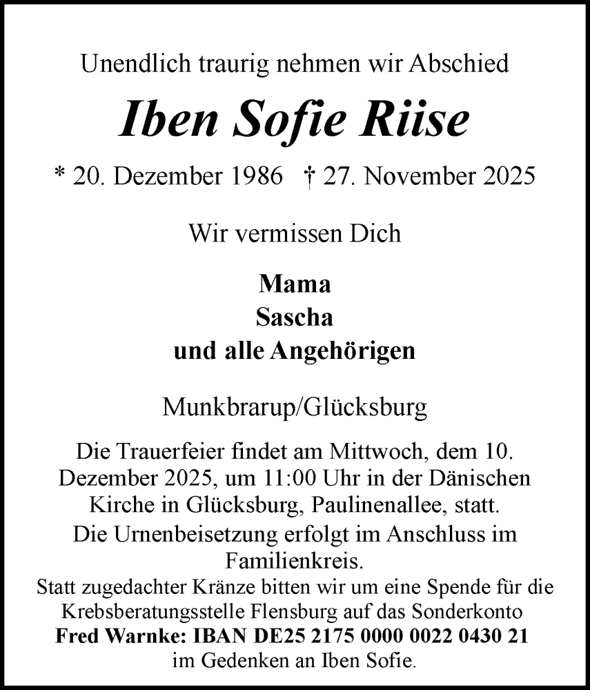  Traueranzeige für Iben Sofie Riise vom 06.12.2025 aus Flensburger Tageblatt