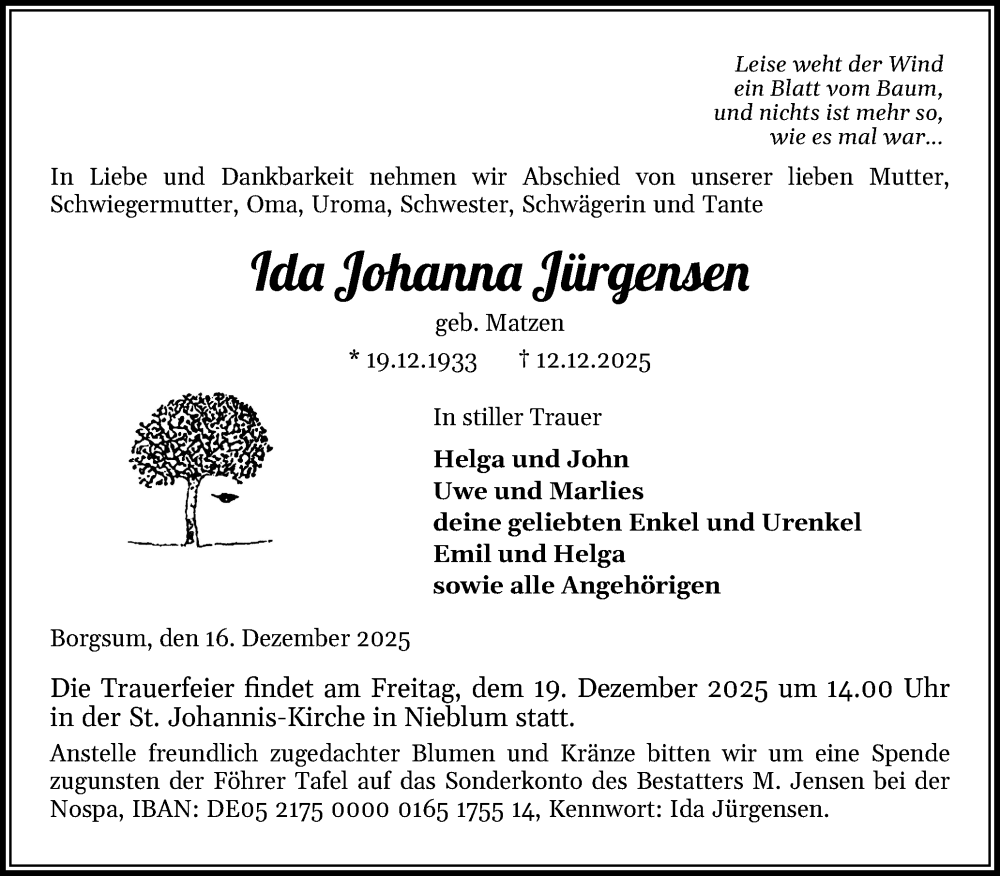  Traueranzeige für Ida Johanna Jürgensen vom 16.12.2025 aus Der Insel-Bote