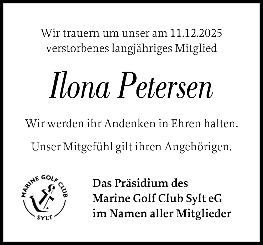  Traueranzeige für Ilona Petersen vom 27.12.2025 aus Sylter Rundschau