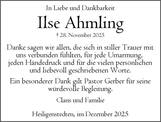 Traueranzeige von Ilse Ahmling von Norddeutsche Rundschau, Wilstersche Zeitung, Glückstädter Fortuna