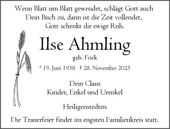 Traueranzeige von Ilse Ahmling von Norddeutsche Rundschau, Wilstersche Zeitung, Glückstädter Fortuna