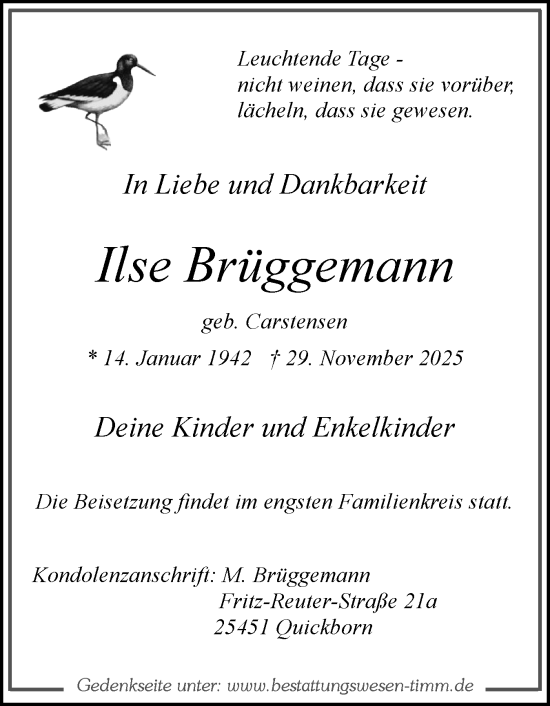 Traueranzeige von Ilse Brüggemann von Region Pinneberg und tip Pinneberg