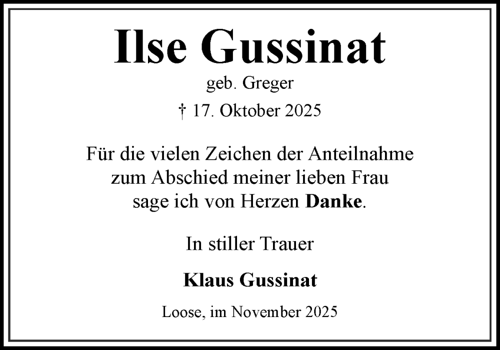  Traueranzeige für Ilse Gussinat vom 06.12.2025 aus Eckernförder Zeitung, Hallo Eckernförde