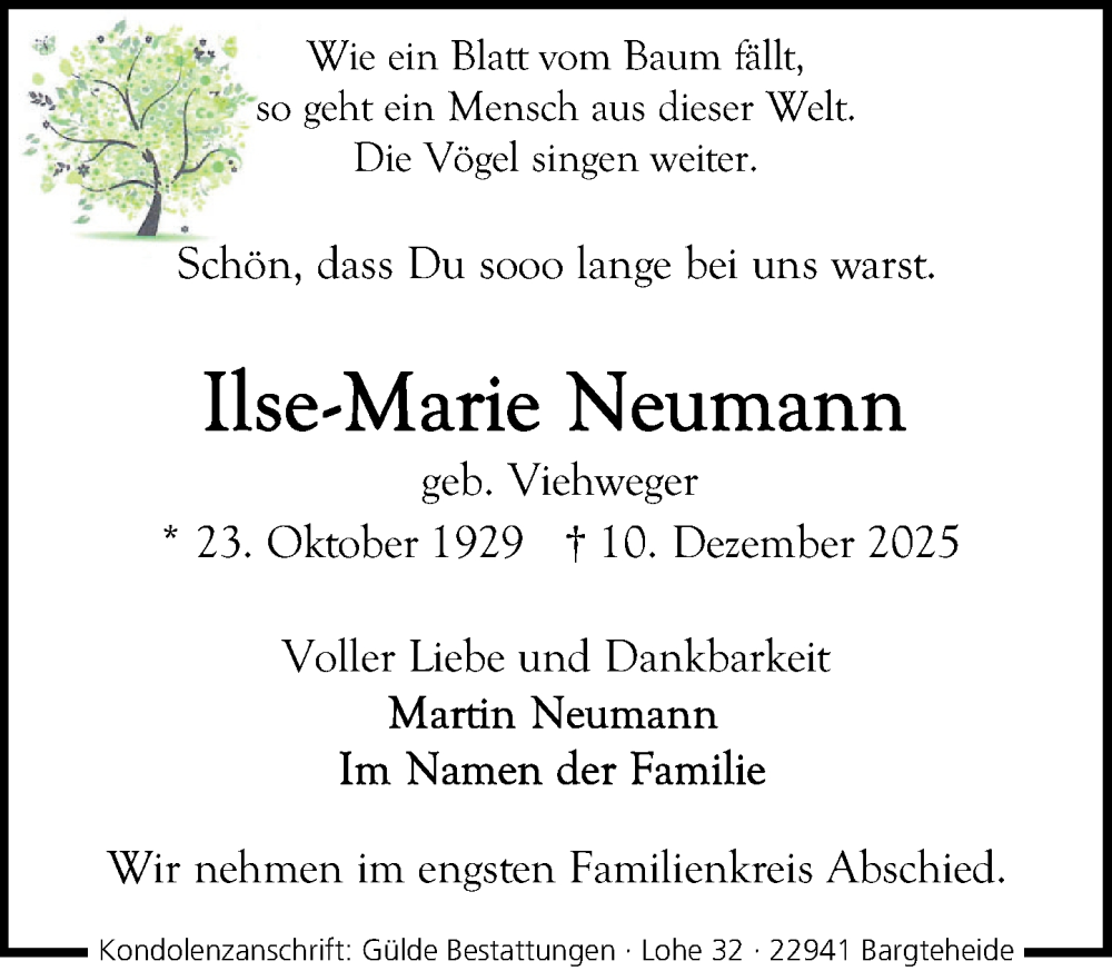  Traueranzeige für Ilse-Marie Neumann vom 20.12.2025 aus MARKT Ahrensburg/Bargteheide/Trittau und Stormarner Tageblatt