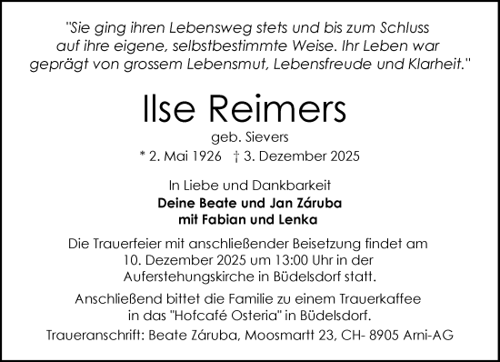 Traueranzeige von Ilse Reimers von Schleswig-Holsteinische Landeszeitung