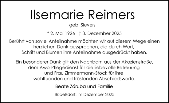 Traueranzeige von Ilsemarie Reimers von Schleswig-Holsteinische Landeszeitung
