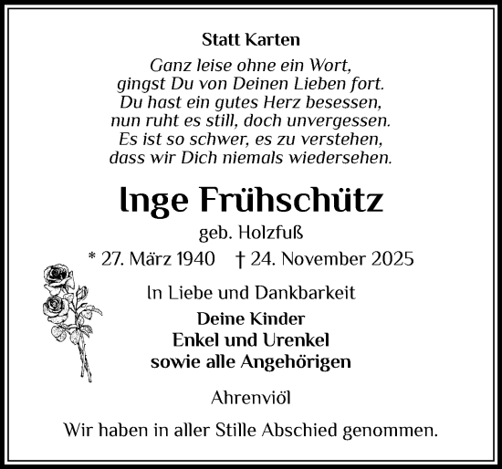 Traueranzeige von Inge Frühschütz von Husumer Nachrichten, Nordfriesland Tageblatt