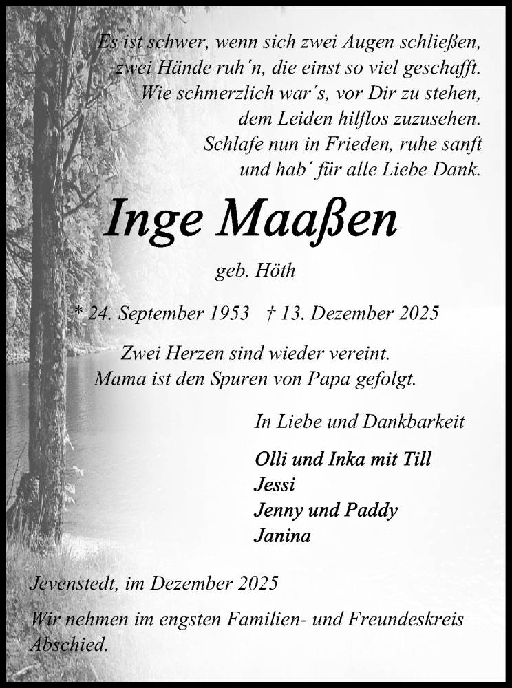  Traueranzeige für Inge Maaßen vom 20.12.2025 aus Schleswig-Holsteinische Landeszeitung
