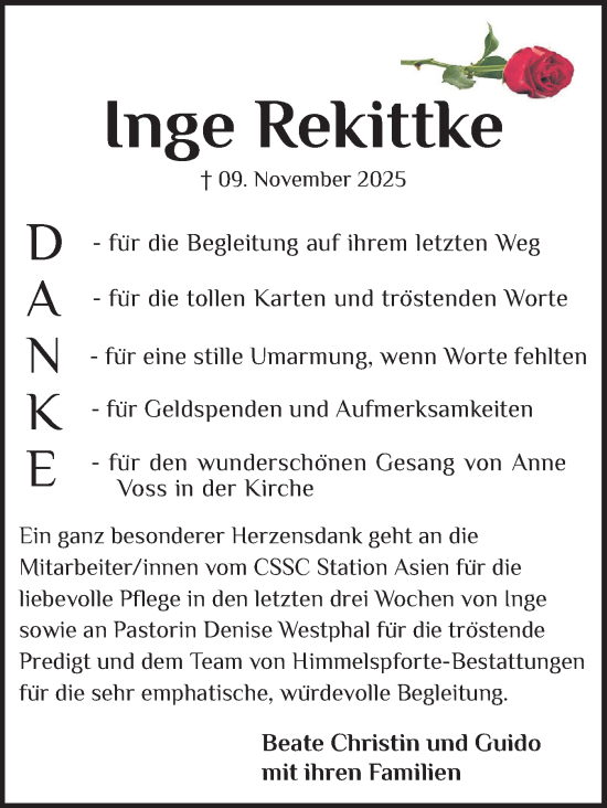 Traueranzeige von Inge Rekittke von Norddeutsche Rundschau, Wilstersche Zeitung, Glückstädter Fortuna