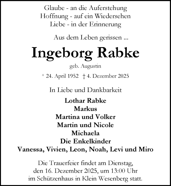 Traueranzeige von Ingeborg Rabke von MARKT Bad Oldesloe/Reinfeld und Stormarner Tageblatt