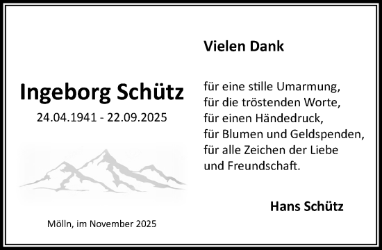 Traueranzeige von Ingeborg Schütz von MARKT Ratzeburg/Mölln