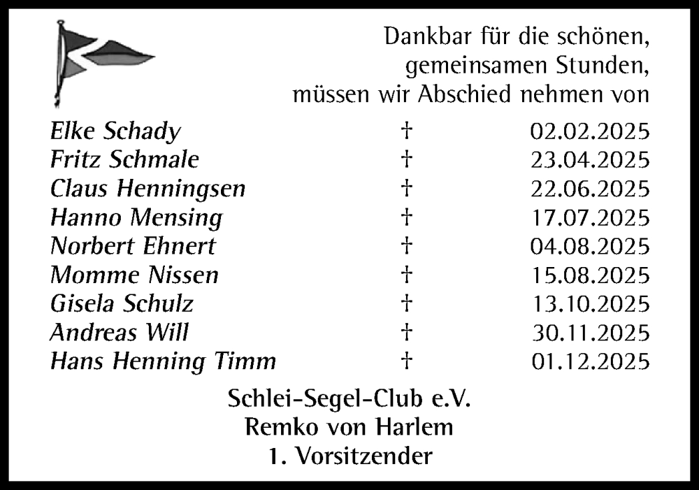  Traueranzeige für In Gedenken  vom 31.12.2025 aus Schleswiger Nachrichten, Schlei-Bote