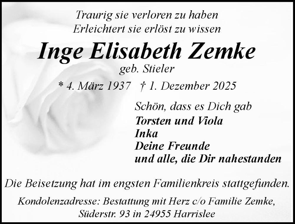  Traueranzeige für Inge Elisabeth Zemke vom 20.12.2025 aus Flensburger Tageblatt