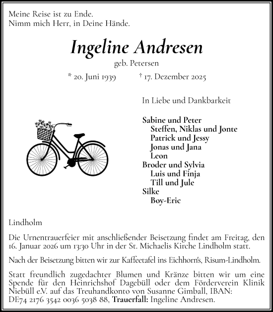Traueranzeige von Ingeline Andresen von Husumer Nachrichten, Nordfriesland Tageblatt
