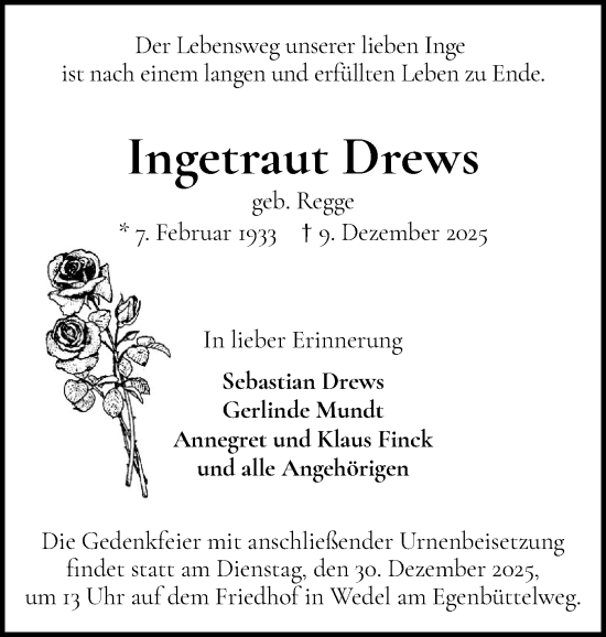 Traueranzeige von Ingetraut Drews von Wedel-Schulauer Tageblatt, tip Wedel-Schulauer Tageblatt, tip Rissener Rundschau