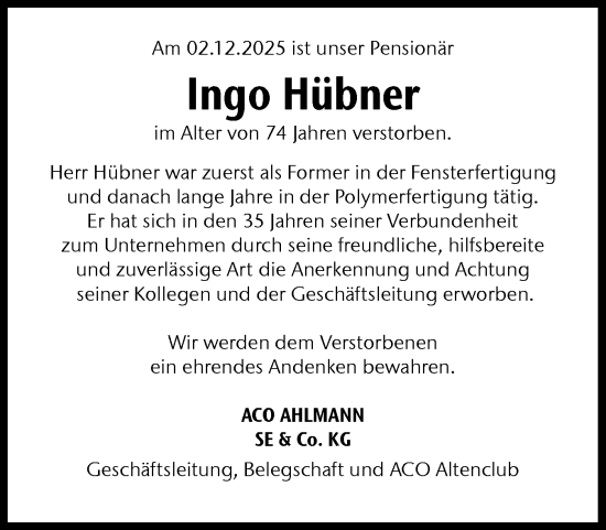 Traueranzeige von Ingo Hübner von Schleswig-Holsteinische Landeszeitung