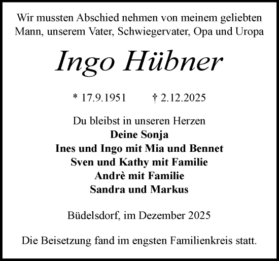 Traueranzeige von Ingo Hübner von Schleswig-Holsteinische Landeszeitung