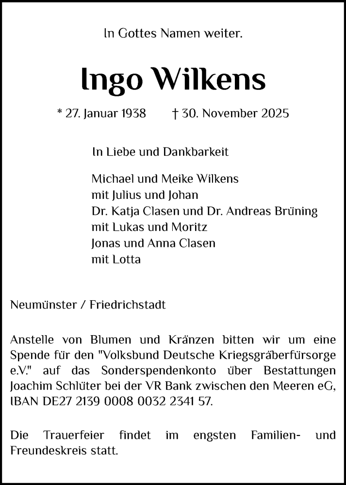  Traueranzeige für Ingo Wilkens vom 06.12.2025 aus Holsteinischer Courier