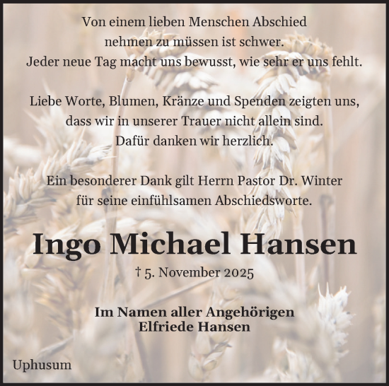 Traueranzeige von Ingo Michael Hansen von Husumer Nachrichten, Nordfriesland Tageblatt