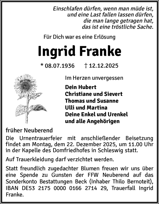 Traueranzeige von Ingrid Franke von Schleswiger Nachrichten, Schlei-Bote