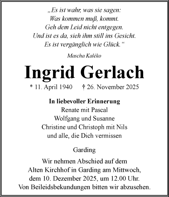 Traueranzeige von Ingrid Gerlach von Husumer Nachrichten, Nordfriesland Tageblatt