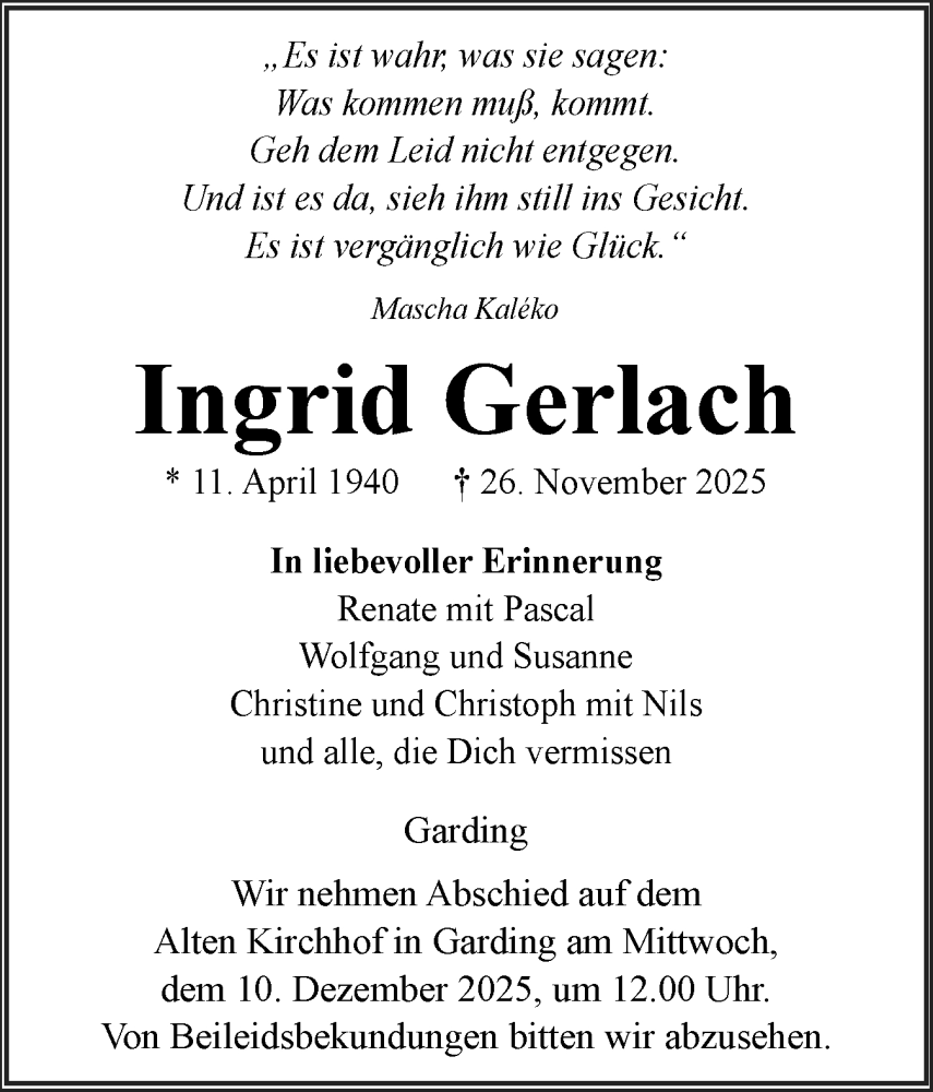 Traueranzeige für Ingrid Gerlach vom 05.12.2025 aus Husumer Nachrichten, Nordfriesland Tageblatt
