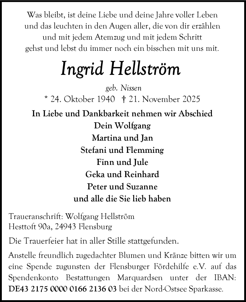  Traueranzeige für Ingrid Hellström vom 06.12.2025 aus Flensburger Tageblatt