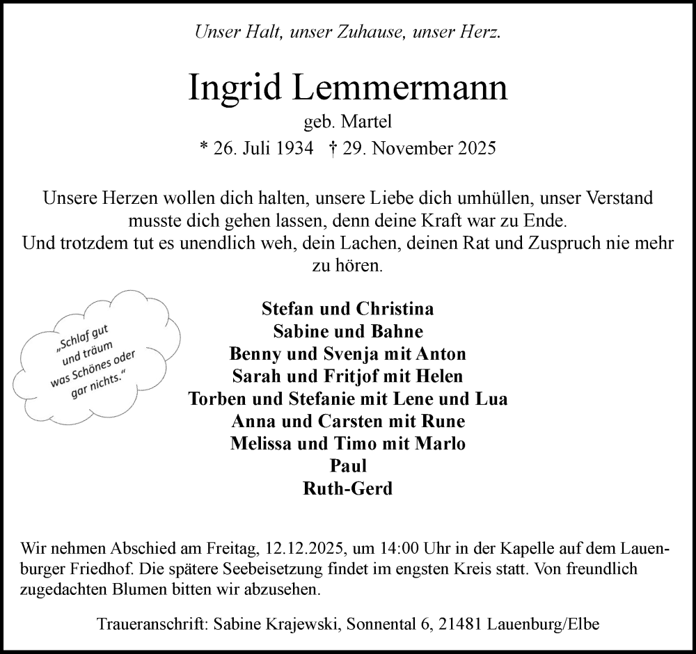  Traueranzeige für Ingrid Lemmermann vom 06.12.2025 aus Wochenend Anzeiger