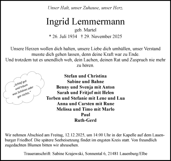 Traueranzeige von Ingrid Lemmermann von Wochenend Anzeiger