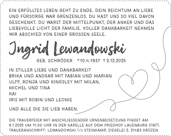 Traueranzeige von Ingrid Lewandowski von Wochenend Anzeiger