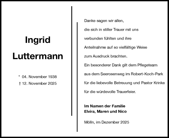 Traueranzeige von Ingrid Luttermann von MARKT Ratzeburg/Mölln
