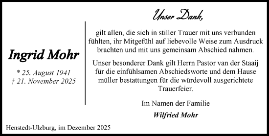 Traueranzeige von Ingrid Mohr von Umschau
