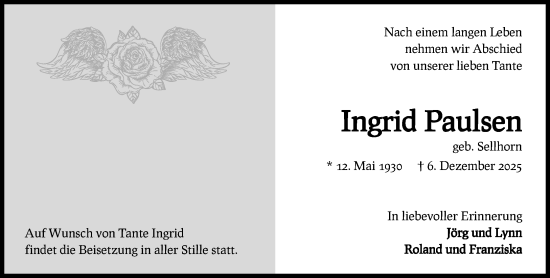 Traueranzeige von Ingrid Paulsen von MARKT Ahrensburg/Bargteheide/Trittau und Stormarner Tageblatt