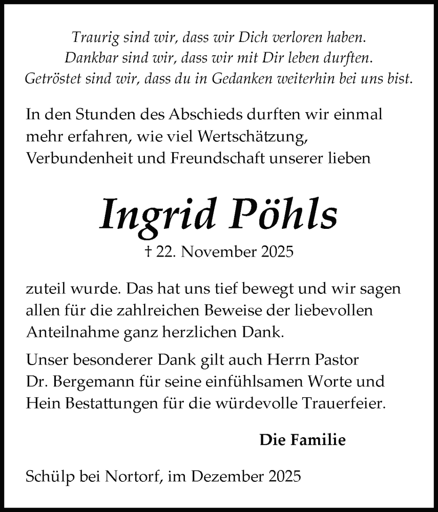  Traueranzeige für Ingrid Pöhls vom 20.12.2025 aus Schleswig-Holsteinische Landeszeitung
